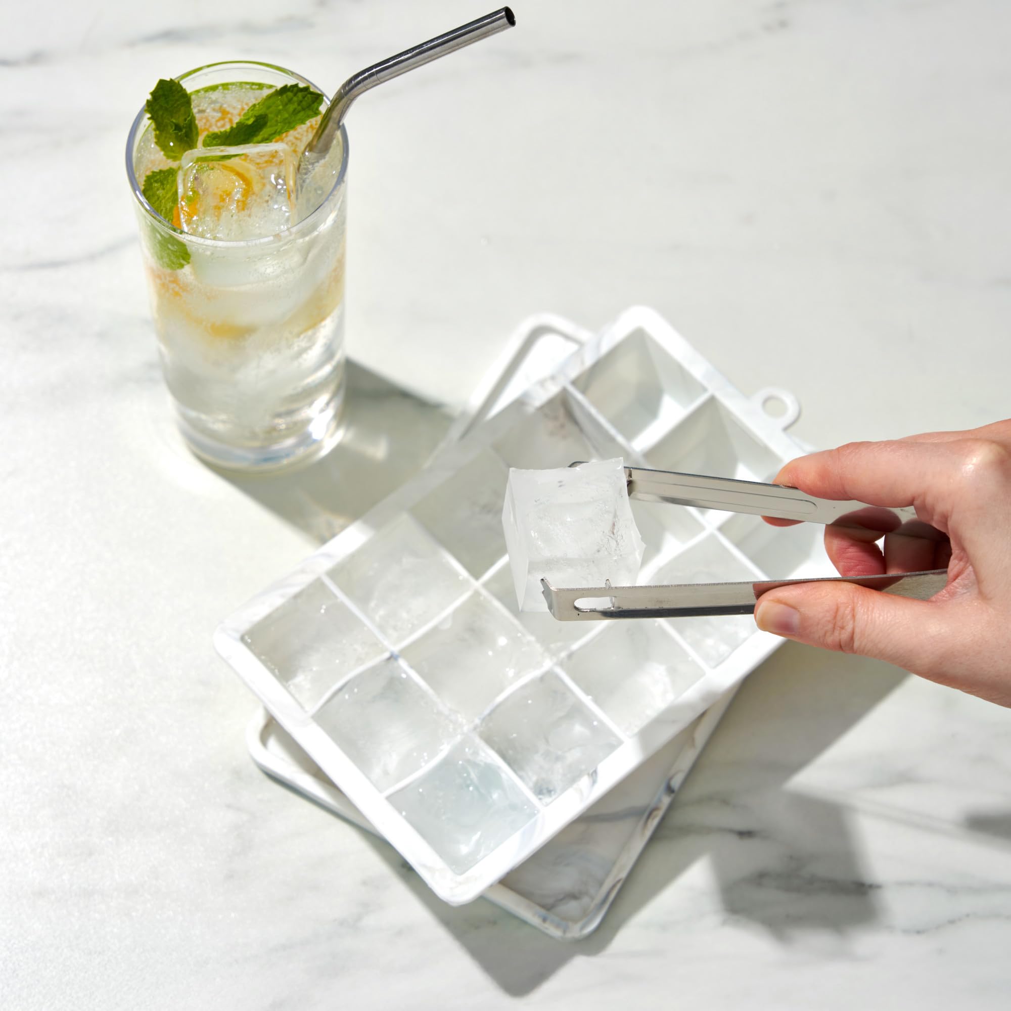 Host Ice Cube Tray with Lid, Makes 15 1.25" Cubes, Durable Silicone Trays, Perfect for Cocktails, Beverages, Mocktails, Iced Coffee, Tea, Infused Water, Kitchen Essentials, Set of 1, Marble