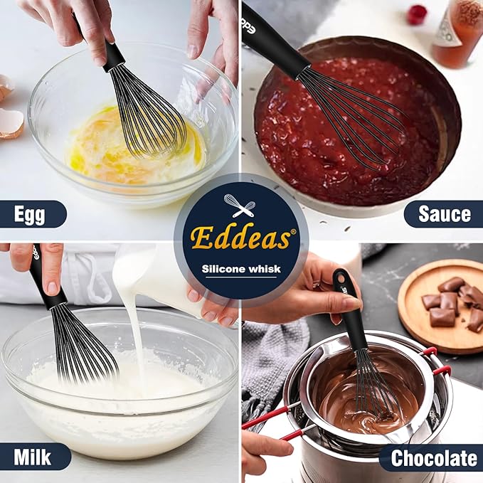 Eddeas Mini Silicone Whisk, Small Silicone Whisk 7+9in, BPA free Non Scratch Coated Protect your Ceramic Pots and Pan.Perfect for Whisking, Beating, Mixing.Black