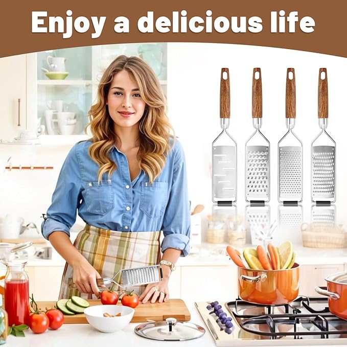 SHIKORI Stainless Steel Cheese Grater with Natural Wood Handle with a Brush