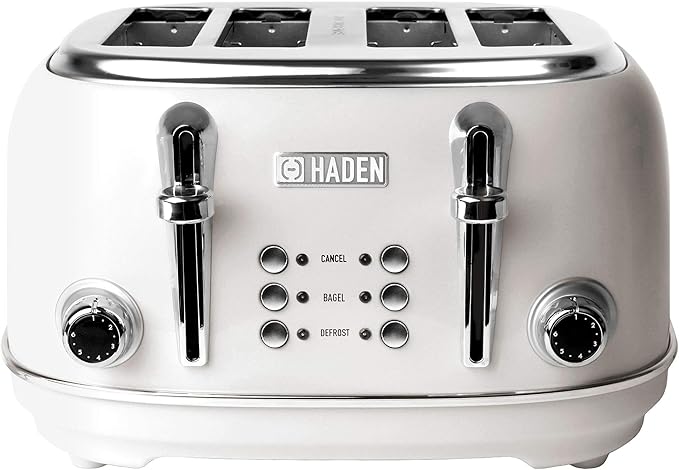 HADEN Heritage Toaster with Extra Wide Slots, 1500-Watt, Ivory & Chrome - Retro Stainless Steel Design with Self-Centering Function, 4 Slice Adjustable Browning Control & Removable Crumb Tray