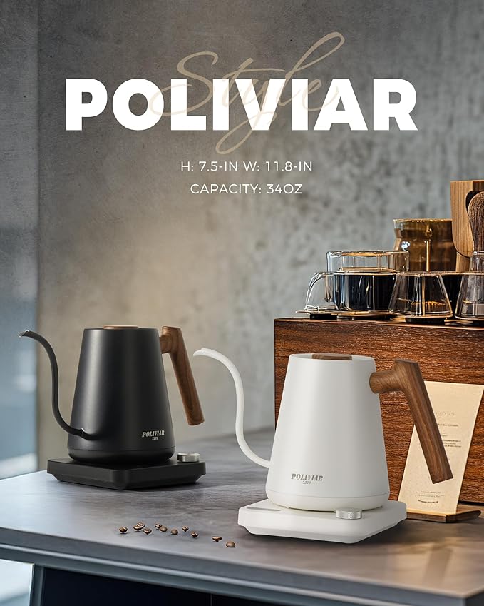 POLIVIAR Electric Gooseneck Kettle, Wood Pattern Handle, White