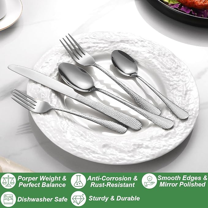 40 Pcs Silverware Set for 8, Food Grade Stainless Steel Flatware Set, Eating Utensils Sets Include Fork/Knife/Spoon, Reusable Cutlery Set for Home Kitchen, Dishwasher Safe, Wave Hammered