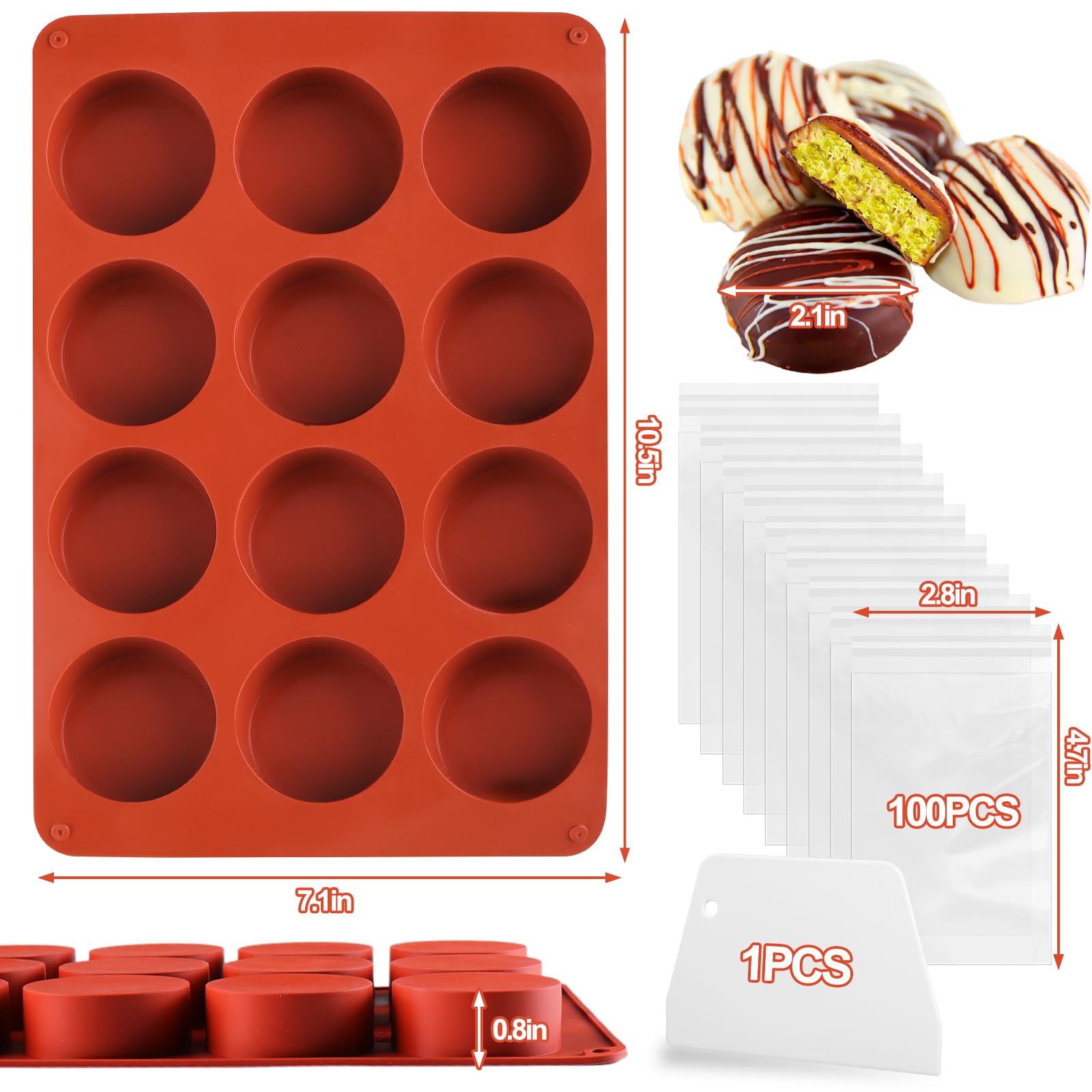 Mity Rain Silicone Chocolate Bar Molds - Round, Fix Pistachio Cream Filling, Dubai Candy Bar Molds with Scraper & Bags (1pc)