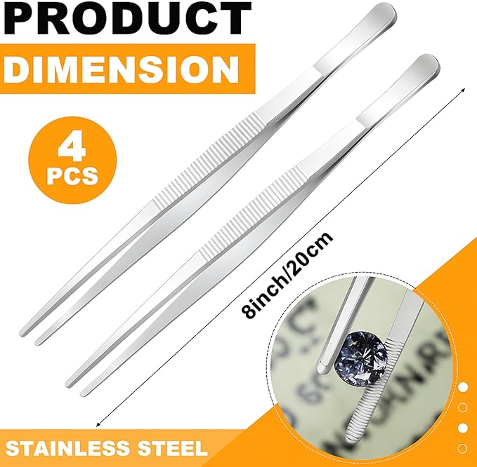 Yaomiao 4 Packs Bar Tongs Stainless Steel, 8 Inch, Silver