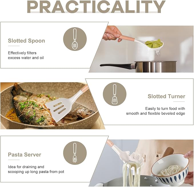 P&P CHEF 6 PCS Kitchen Utensils with Wooden Handle, Khaki