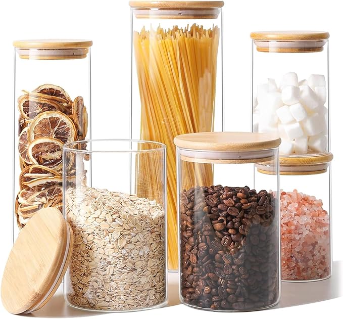 ComSaf Glass Storage Jars 6 Pack, Pasta Containers, Pantry Organization