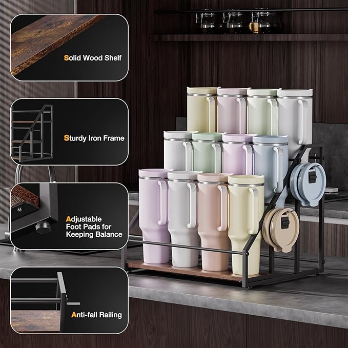 3-Tier Stanley Cup Rack with Lid Organizer, for 12 Tumblers, Natural Wood