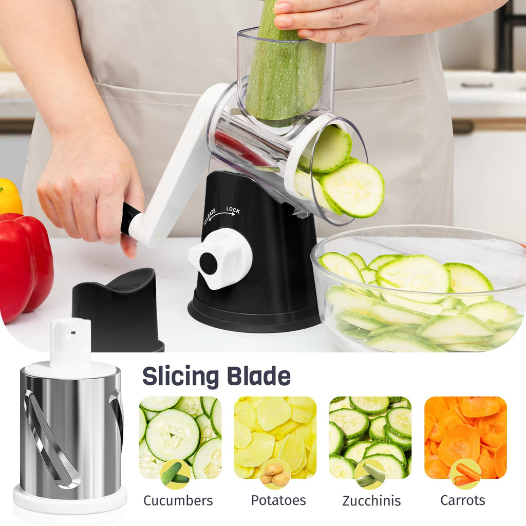 Cheese Grater Hand Crank, Rotary Cheese Shredder with 3 Interchangeable Blades for Coarse, Fine Shredding and Slicing, Strong Suction Base for Pizza, Pasta, Salad, Vegetables, Nuts, Chocolate