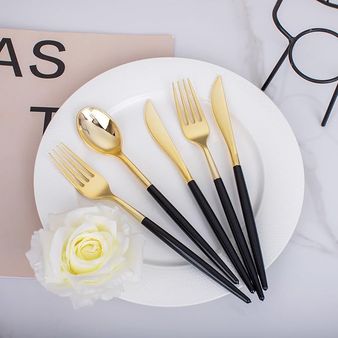 I00000 60 Pcs Black Plastic Cutlery Set, Gold Utensils with Black Handle