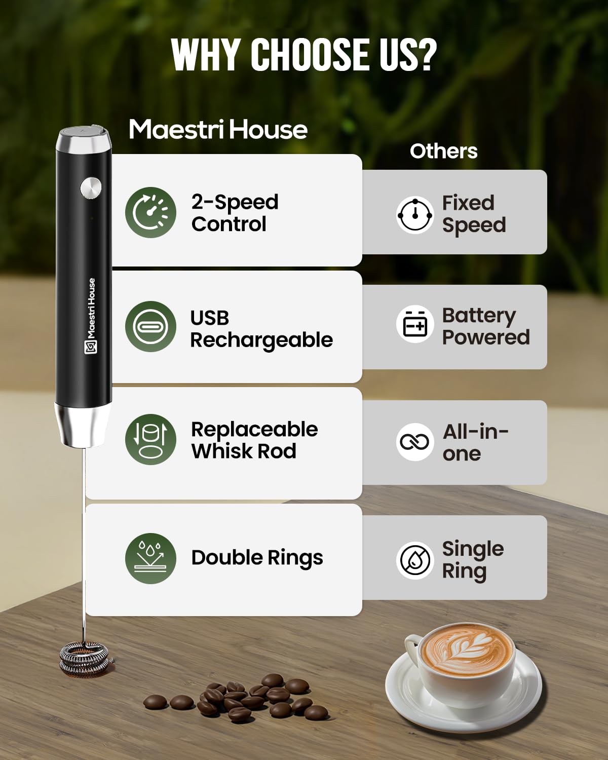 Maestri House LunaFro Lite Rechargeable Milk Frother,Detachable Whisk