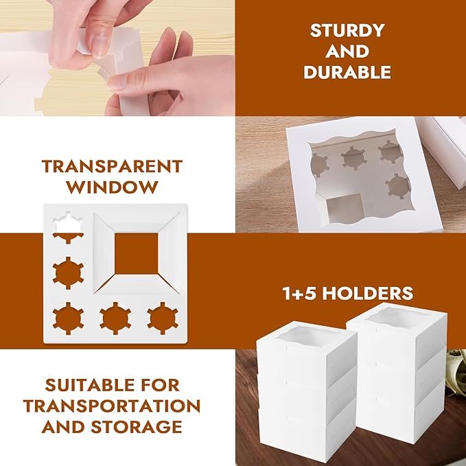 CHENZEM 10 Packs Bento Cake and Cupcake Box 6 Holes Fit 5 Cupcakes and 1 Mini Cake Box with Clear Window and Stickers for Father ‘s Day Birthday Party Bakery Baking Supplies. (1+5/10pcs)