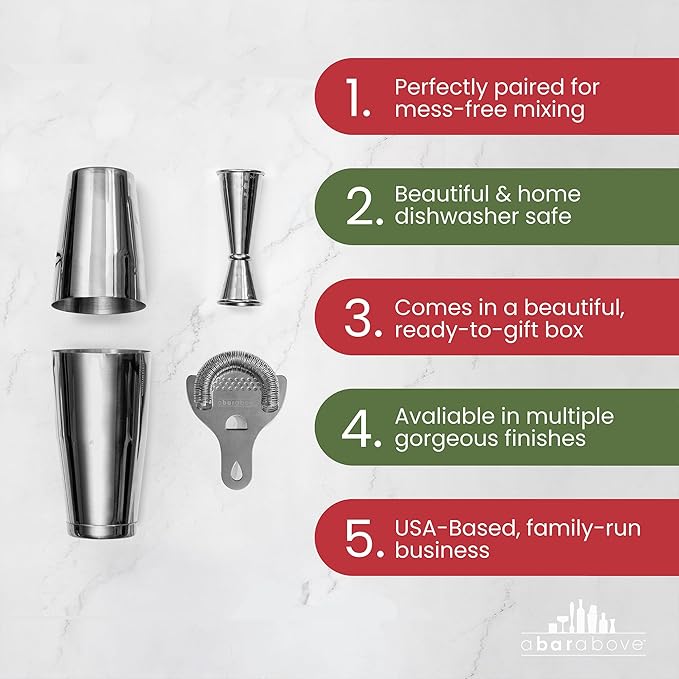 A Bar Above Cocktail Shaker Set, 4-Piece Professional Bartender Kit with Boston Shaker, Strainer and Jigger, Stainless Steel Bar Accessories for Craft Cocktails, Silver