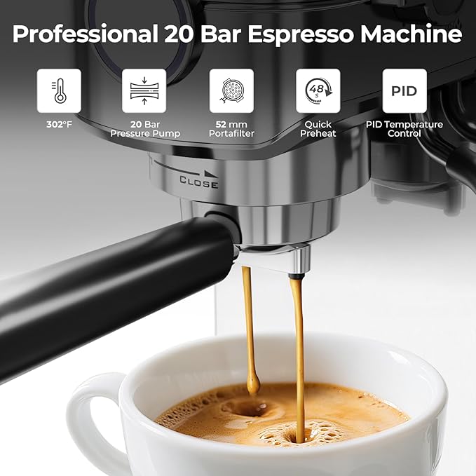 Havato 20 Bar Espresso Machine, Compact Espresso Coffee Maker with Milk Frother for Latte/Cappuccino, Auto Clean/34oz Removable Tank/Auto Shut-Off, Espresso Maker for Home/Office, Stainless Steel