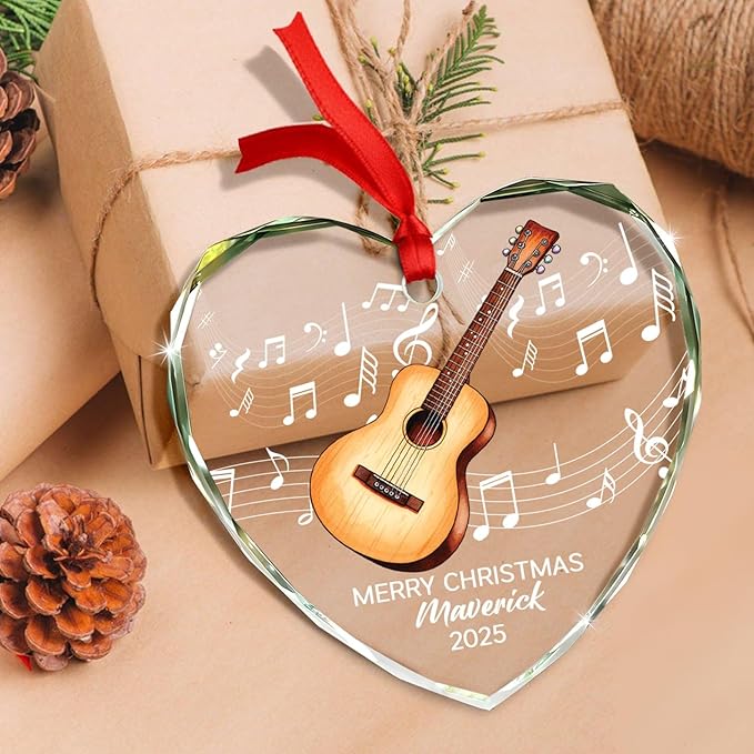 Personalized Guitar Glass Christmas Ornament 2026, Customized Text Year Name Keepsake Ornaments Gift for Guitarist Brother Sister Dad Mom Kids, Unique Guitar Musical Instrument Glass Xmas Ornament