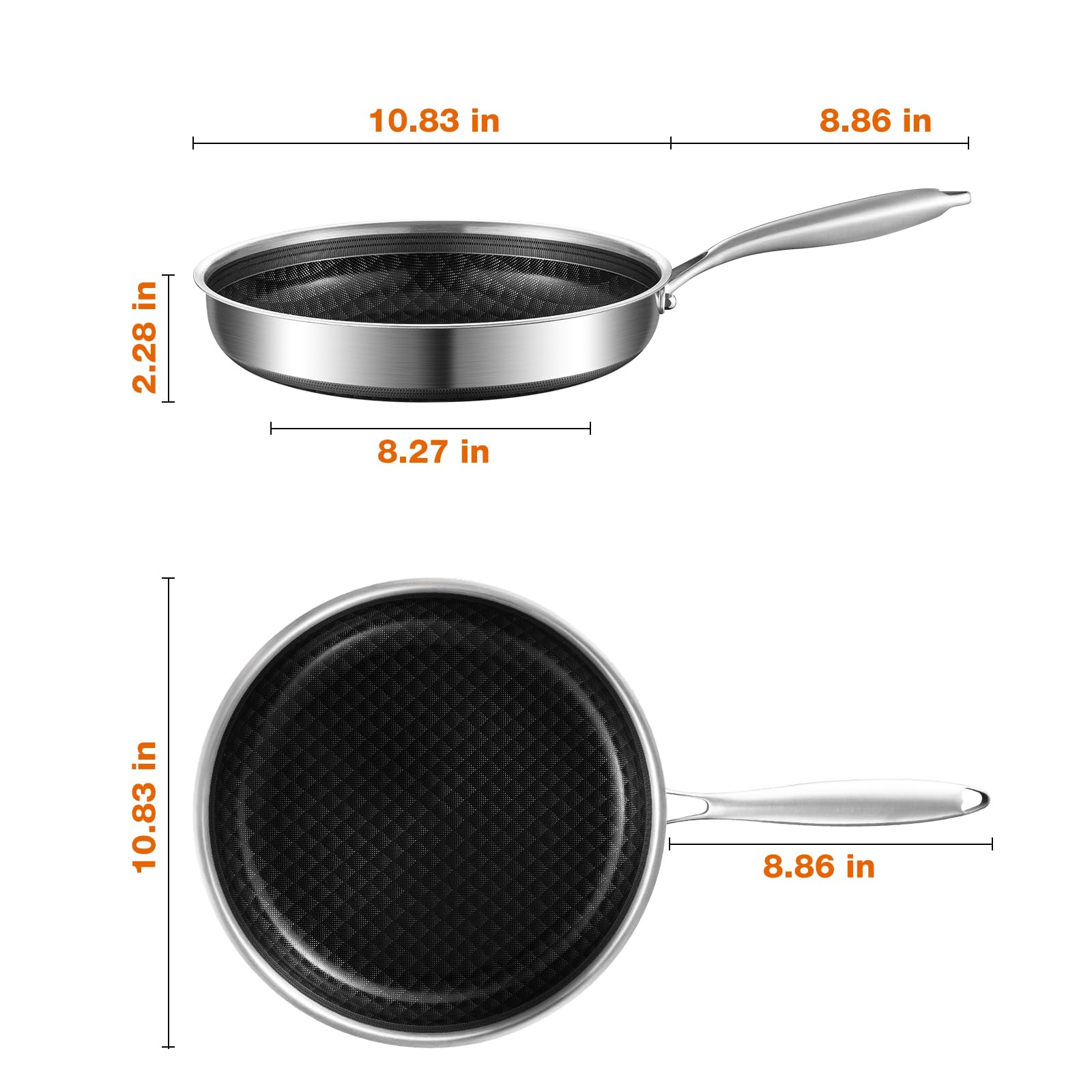 MOUTIUS 8-10 Inch Non Stick Frying Pans, Ceramic Coating NonStick Stainless Steel Pan Set, Tri-Ply Skillets and Pan Set with Lid, Cool-Touch Handle, Dishwasher and Oven Safe