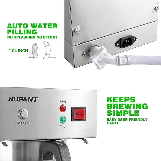 NUPANT Auto-Filling Commercial Airpot Coffee Brewer 2.2L/74oz Dirp Coffee Maker Machine with 24 Hours Hot Thermal Carafe Stainless Steel Pour Over Coffee Dispenser 120V/1450W for Restaurant Office