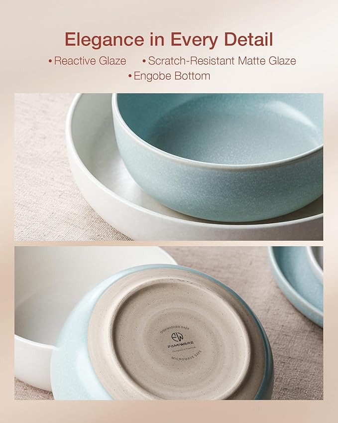 Famiware Milkyway 12-Piece Dinnerware Set, Matte Beige White & Light Blue