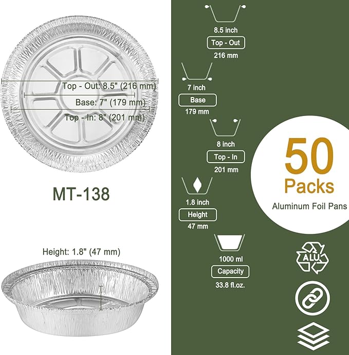 MESTAEK 8 Inch Aluminum Foil Pans, No Lids, 50 Pack
