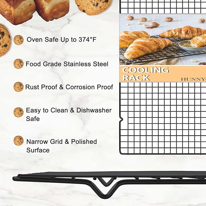Hunnycook 15.8”×9.8” Cooling Rack, 3P Stainless Steel Baking Rack, Oven Safe Cooling Racks for Cooking and Baking, Black Roasting Rack & Wire Rack & Cookie Cooling Rack for Roasting, Grilling, Drying
