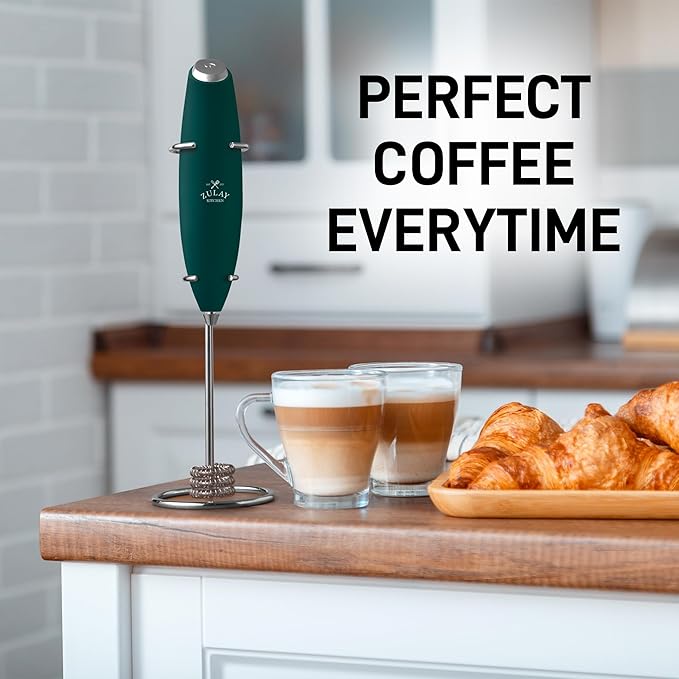Zulay Kitchen Powerful Milk Frother Wand With Duracell Batteries - Ultra Fast Handheld Drink Mixer - Electric Whisk Foam Maker for Coffee, Lattes, Cappuccino & Matcha - Triple Whisk - Moss Green