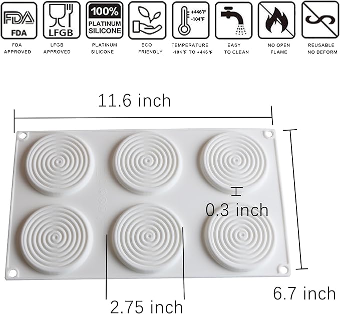 OCPO Kitchen Round Spiral Silicone Mold for Baking Mousse Cake, 6 Cavities