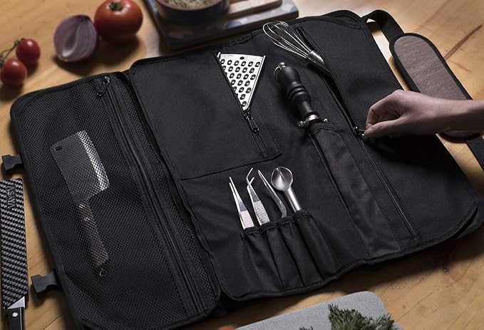 Asaya Waxed Nylon Chef Knife Roll Bag with 20 Slots and Zippered Pockets - Professional Chef Knife Bag & Storage Case, Tool Carrier with Shoulder Strap - Knives Not Included (Brown)