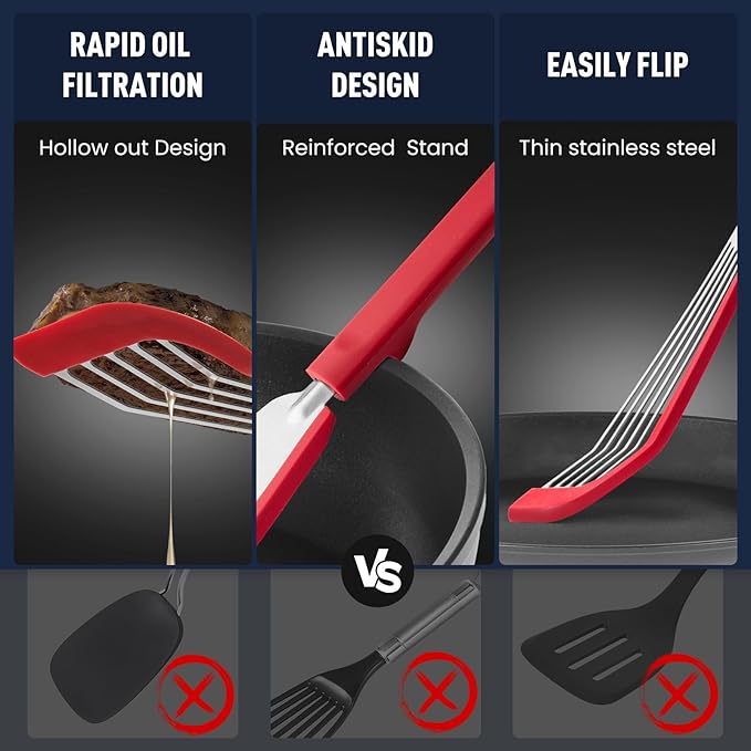 2-Piece Silicone Fish Spatula for Nonstick Cookware,Thin Slotted Turner,Red