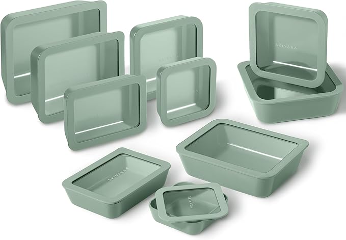 BRIVARA HOME 20-Piece Glass Food Storage Containers Set with Lids (10 Containers + 10 Lids) | Microwave-Safe Airtight Seal, Oven-Safe Ceramic-Coated Glass | Zero Plastic, No PFAS/PFOA/BPA [Willow]