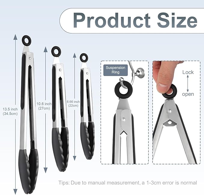 JIDSPWLS Premium Stainless Steel Heat Resistant Kitchen Tongs for cooking,set of 7"+9"+12" (Black),Non Scratch Silicone cooking Tong Tip for Cooking Pans,Strong Grip BBQ tongs for Grabbing Hot Food