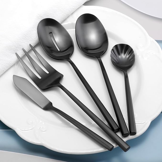 DEACORY Black Silverware with Serving Utensil Hexagon Handle Service for 8
