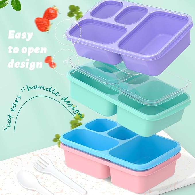 Enstphjoy Bento Lunch Box - 4 Pack, Snack Box Containers Meal Prep Container Microwave Safe, Lunch Box of 4-Compartment, Bento Box Adult Lunch Box, Dishwasher Safety (PP(B/P/G/P))
