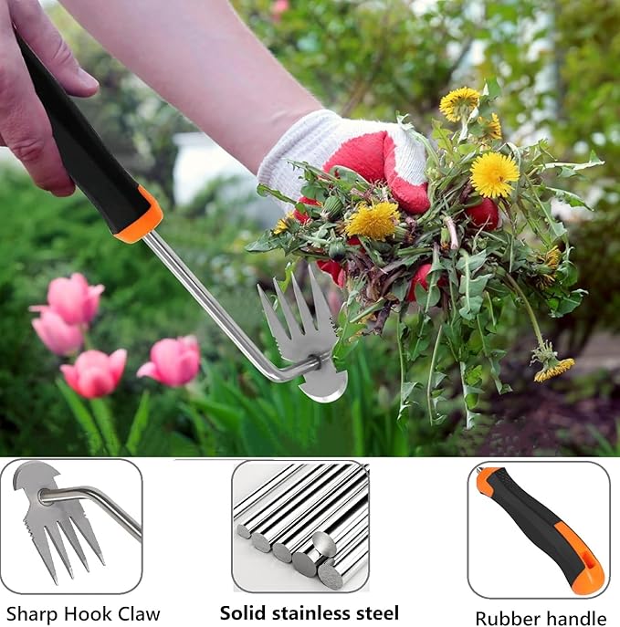 ANGKMA Weed Puller Tool， New Garden Weeder Tool Stainless Steel Hand Weeder Tool,4 Teethes Dual Purpose Weed Remover Tool Weeding Tools for Gardening(2PCS)