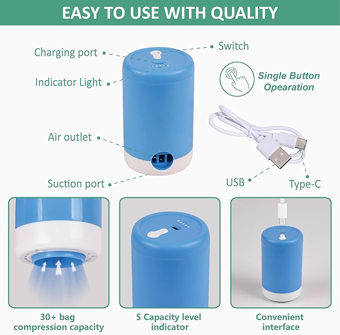 Cozy Essential Travel Vacuum Storage Bags with Rechargeable Cordless USB Pump, Space Saver Bags for Luggage, Suitcase, Carry-On, for Clothes, Blankets, Bedding & Seasonal Storage,35 Combo