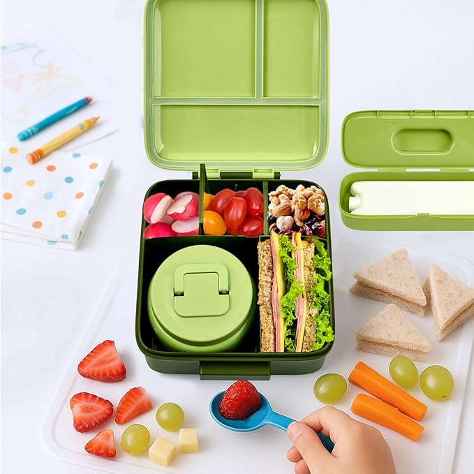 JXXM Bento Lunch Box for Kids with 8oz Soup Thermo,Leak-Proof Lunch Containers with 5 Compartment,Thermo Food Jar Food Containers for School (Green-Colorful Dinosaur)