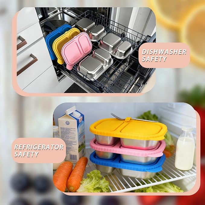 2 Pack Stainless Steel Snack Containers for Kids & Adults - Reusable 2 Compartment Snack Containers with Leakproof Silicone Lids, Divided Meal Prep Lunch Box Food Container for School, Office, Travel