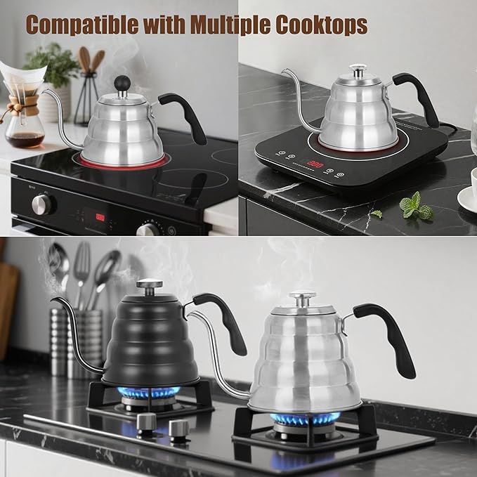 Tea Kettle with Thermometer,Black Gooseneck Coffee Kettle Pot Stovetop,40oz