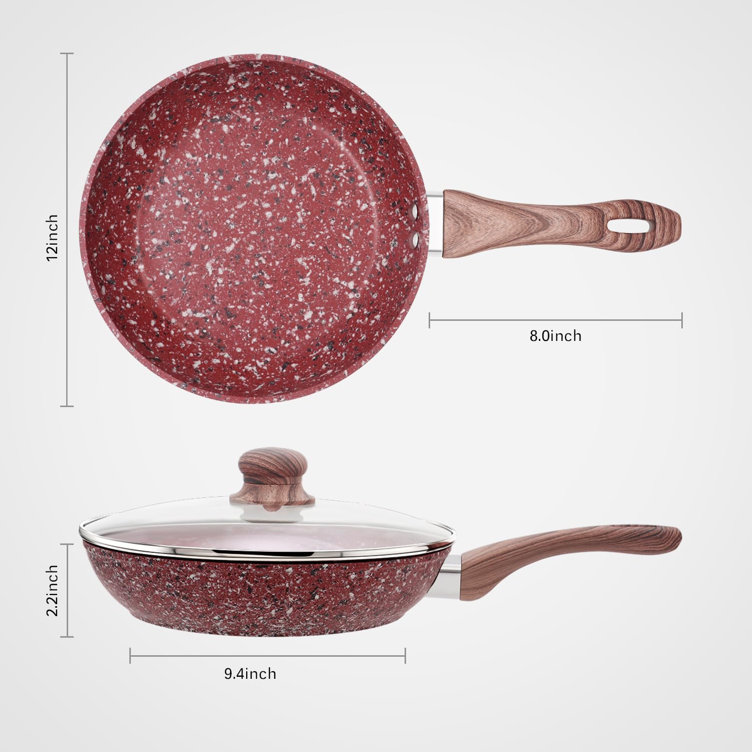 KOCH SYSTEME CS 12" Red Granite Non-Stick Frying Pan with Lid, Classic Pans with Non-toxic Nonstick Coating, Aluminum Skillet with Heat-resistant Bakelite Handle, Induction Compatible Frying Pan