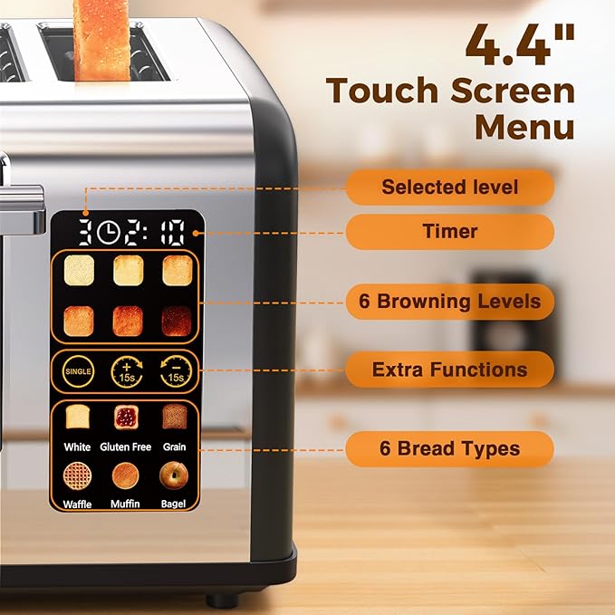 4 Slice Stainless Steel Toaster with 1.5" Wide Slots Digital Touchscreen, Even Toasting for Family Breakfast Bagel & Bread, Reheat & Defrost, Smart Touch Screen, Removable Crumb Tray, Matte Black