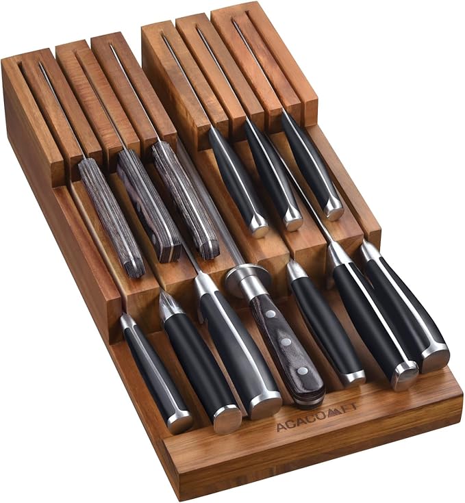 Acacomft In-Drawer Knife Block, Acacia Wood Kitchen Knife Drawer Organizer, Knife Holder without Knives For Up to 12 Knives Steak Knife Chef Knife