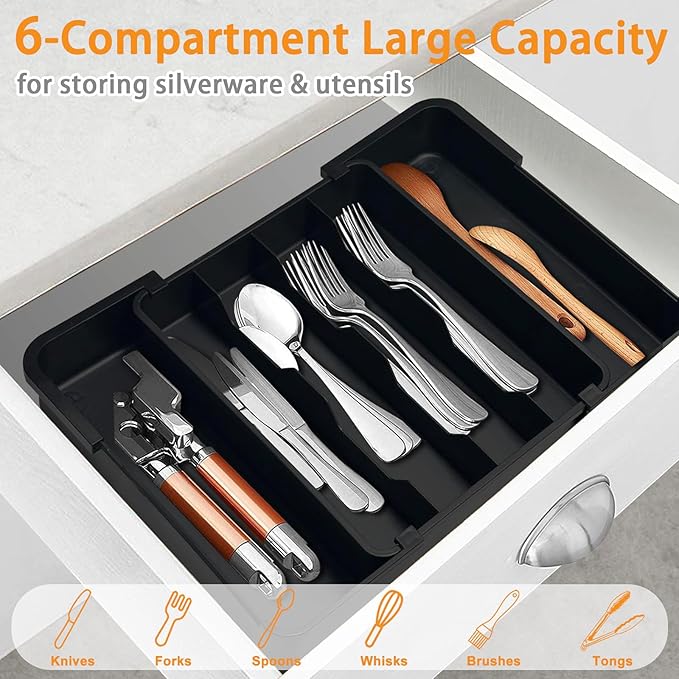 Homecor Silverware Organizer - Expandable Kitchen Drawer Organizer Utensil Holder, BPA Free Flatware and Cutlery Tray for Spoons Forks Knives, Plastic Kitchen Organizer and Storage