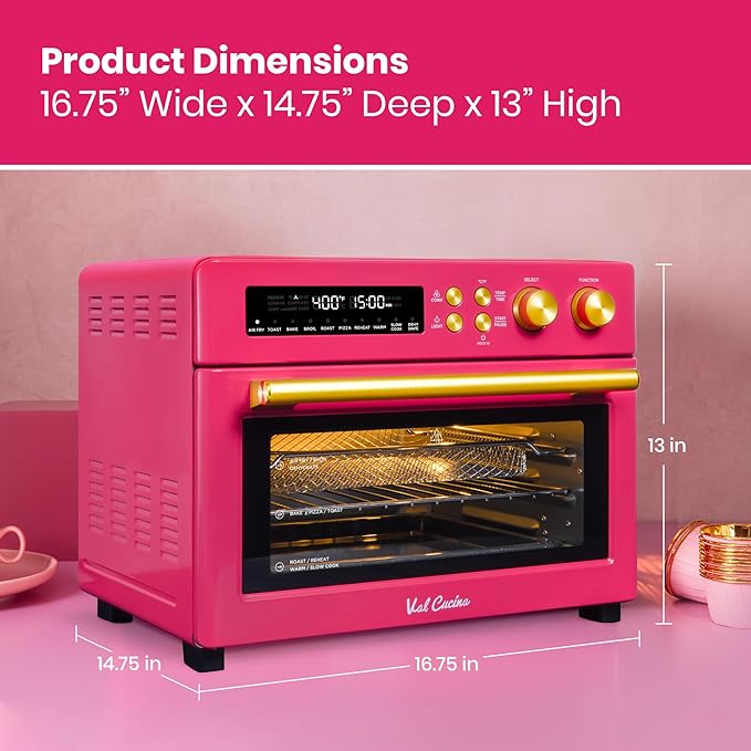 VAL CUCINA 26.3 QT Limited Edition Happy Pink Infrared Heating Air Fryer Toaster Oven, Large Countertop Convection Oven 10-in-1 Combo, 6-Slice Toast, Enamel Baking Pan Easy Clean with Recipe Book