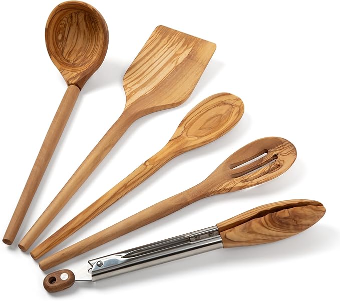 Salt & York 5-Piece Olive Wood Kitchen Utensil Set with Turner, Tongs, Slotted Spoon, Ladle and 12" Spoon, Farmhouse Style Kitchen & Cookware, Ideal for Entertaining, Wedding and Housewarming Gift