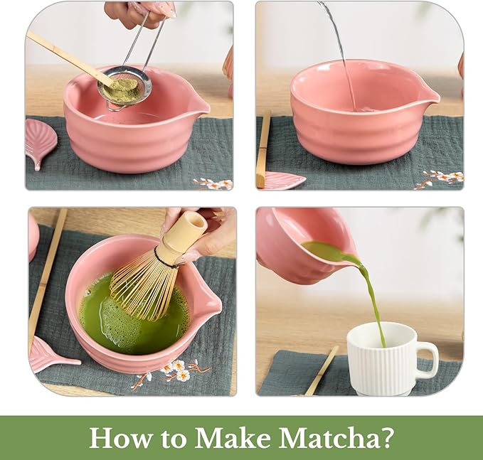 Liyarya Matcha Whisk Set, Traditional Matcha Kit Includes Matcha Bowl, Pink Whisk with Holder, Scoop, Scoop Rest, Sifter, and Tea Cloth – 7 Piece Matcha Whisk Set, Gift Set for Tea Enthusiasts