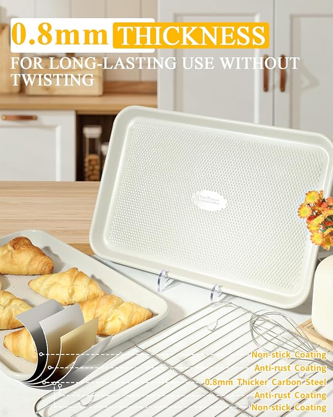 Ymiton 2-Pack 10x15 Jelly Roll Pan Baking Sheet Set with Wire Rack - Nonstick 0.8mm Thick Carbon Steel, Cookie Sheets for Baking, Dishwasher Safe, Warp Resistant, Oven Safe 450°F, Salted Gray