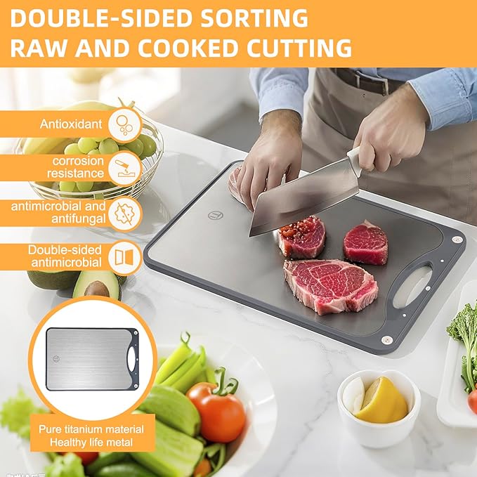 Pracfit Titanium Cutting Board for Kitchen 15.1"x10.4" - Double Sided Pure Titanium& Wheat Straw for Meat & Kitchen, FoodGrade, 2in1, Anti Slip, Juice Groove, Stain Resistant, Easy to Clean