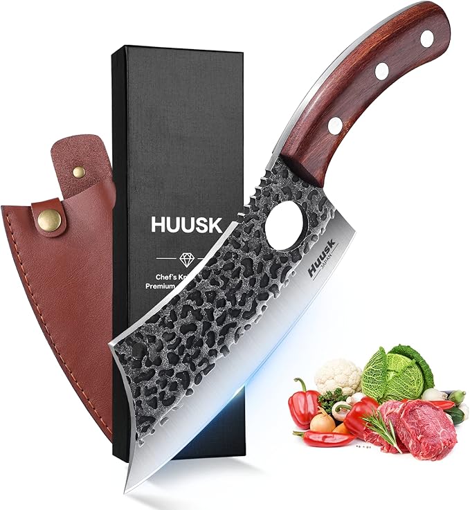 Huusk Meat Cleaver Knife with Sheath, Hand Forged Viking Knife, Mens Gifts