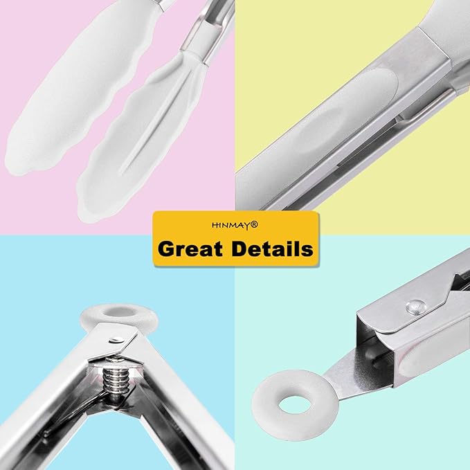 HINMAY Silicone Kitchen Tongs 9-Inch Basics Tongs, Set of 3 (White)