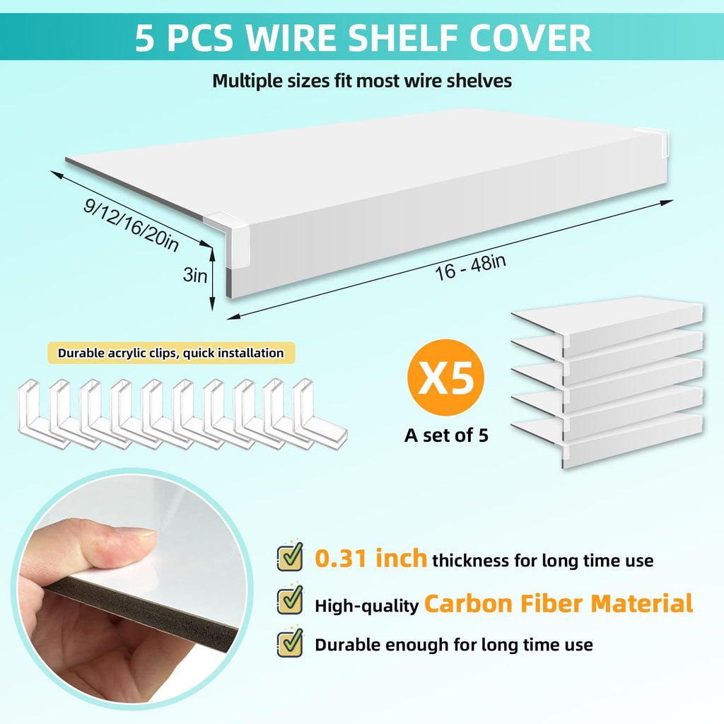 5 Pcs Wire Shelf Cover, 32X12X3 Inch Carbon Fiber Material Shelf Covers for Pantry Shelves(Not Wood), Waterproof Removable Closet Shelving Liner for Home Kitchen,Office Organization - White