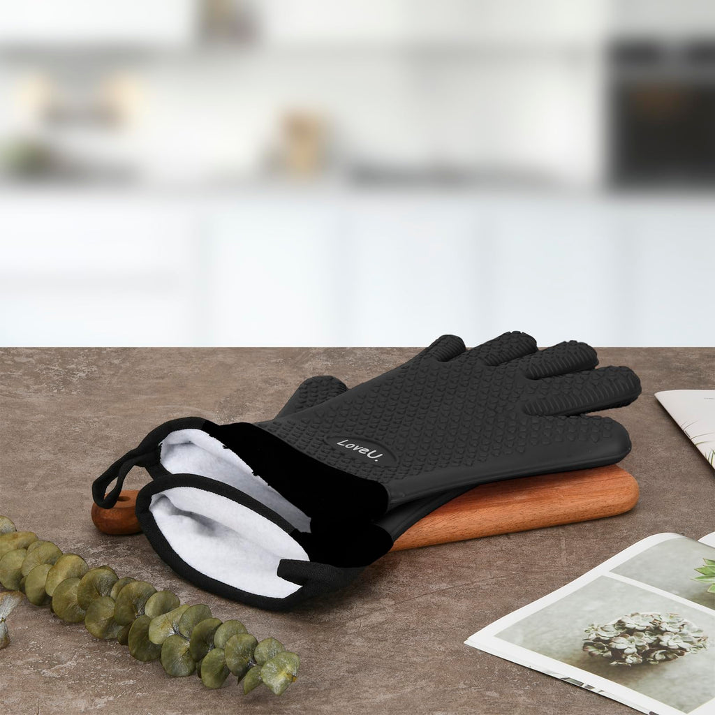 Loveuing Kitchen Oven Gloves - Dual-Layer Heat Resistant Grilling Gloves, Silicone Oven Mitts with 5 Fingers, Waterproof Non-Slip Pot Holder for Barbecue, Cooking, Baking (XL-XXXL, Black Long)