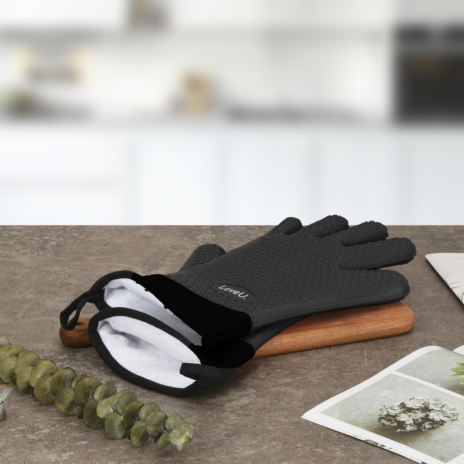 Loveuing Kitchen Oven Gloves - Dual-Layer Heat Resistant Grilling Gloves, Silicone Oven Mitts with 5 Fingers, Waterproof Non-Slip Pot Holder for Barbecue, Cooking, Baking (XL-XXXL, Black Long)
